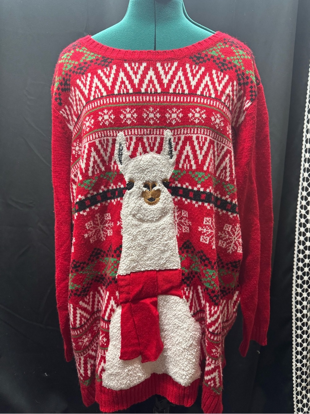 Holiday Time Red Llama Holiday Crewneck Sweater with White Applique